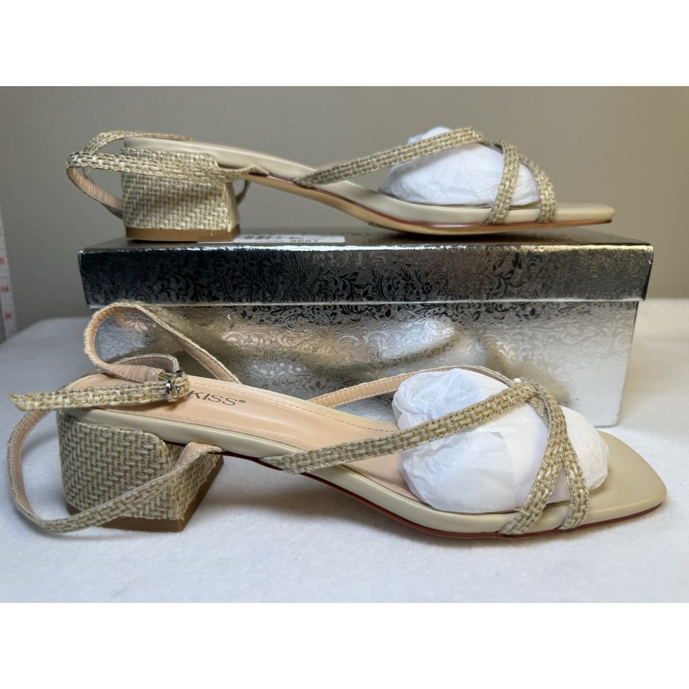 WETKISS Strappy Sandals Womens 9.5 Nude Woven Block Heel Square Toe Low Heel NEW